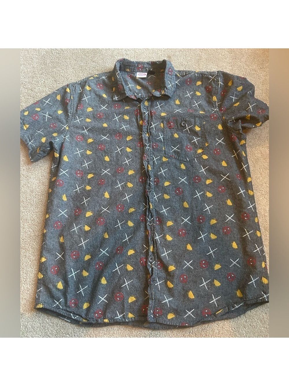 Marvel Men’s Deadpool Tacos Button Up Shirt with Collar Dark Gray Shirt XL
